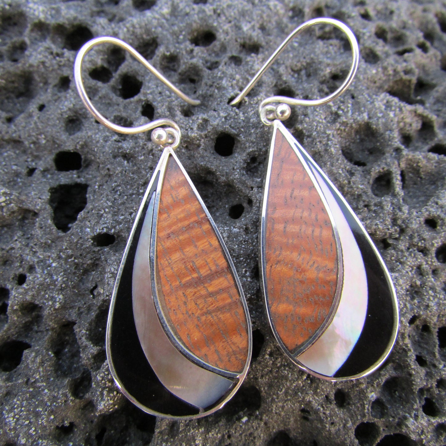 Teardrop Earrings | Ouster Shell | Hawaiian Koa Wood | Sterling Silver | Gift | Jewelry | Handmade | Unique