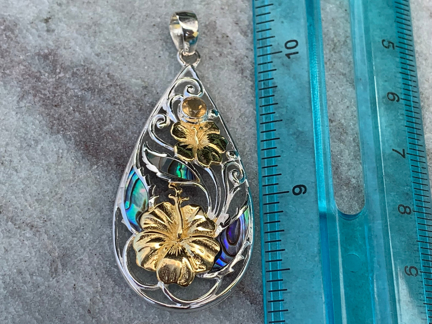 Hibiscus Flower Necklace Pendant. State Flower of Hawaii. Silver, Gold, Abalone Shell, Citrine.
