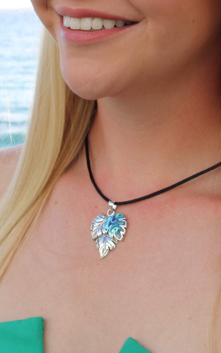 Monstera Leaf Flower Pendant Necklace | Paua Abalone Shell | Sterling Silver | Gift | Jewelry | Handmade | Unique