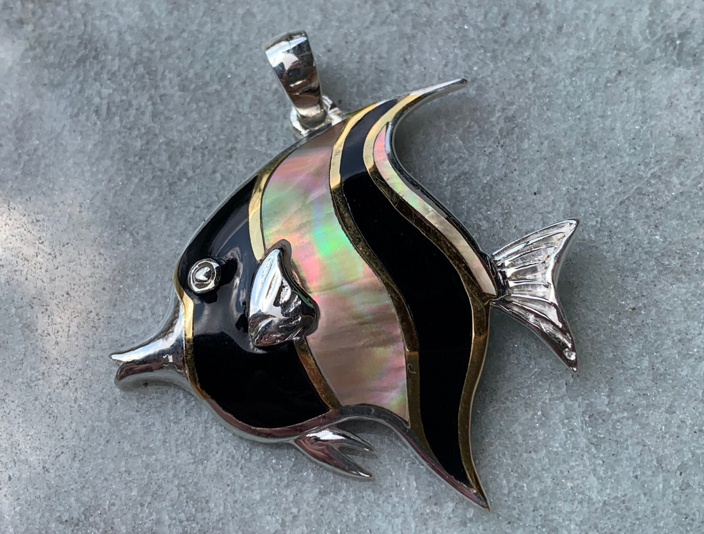 Fish Moorish Idol Hawaiian Tropical Pendant Necklace. Sterling Silver, Mother of Pearl.