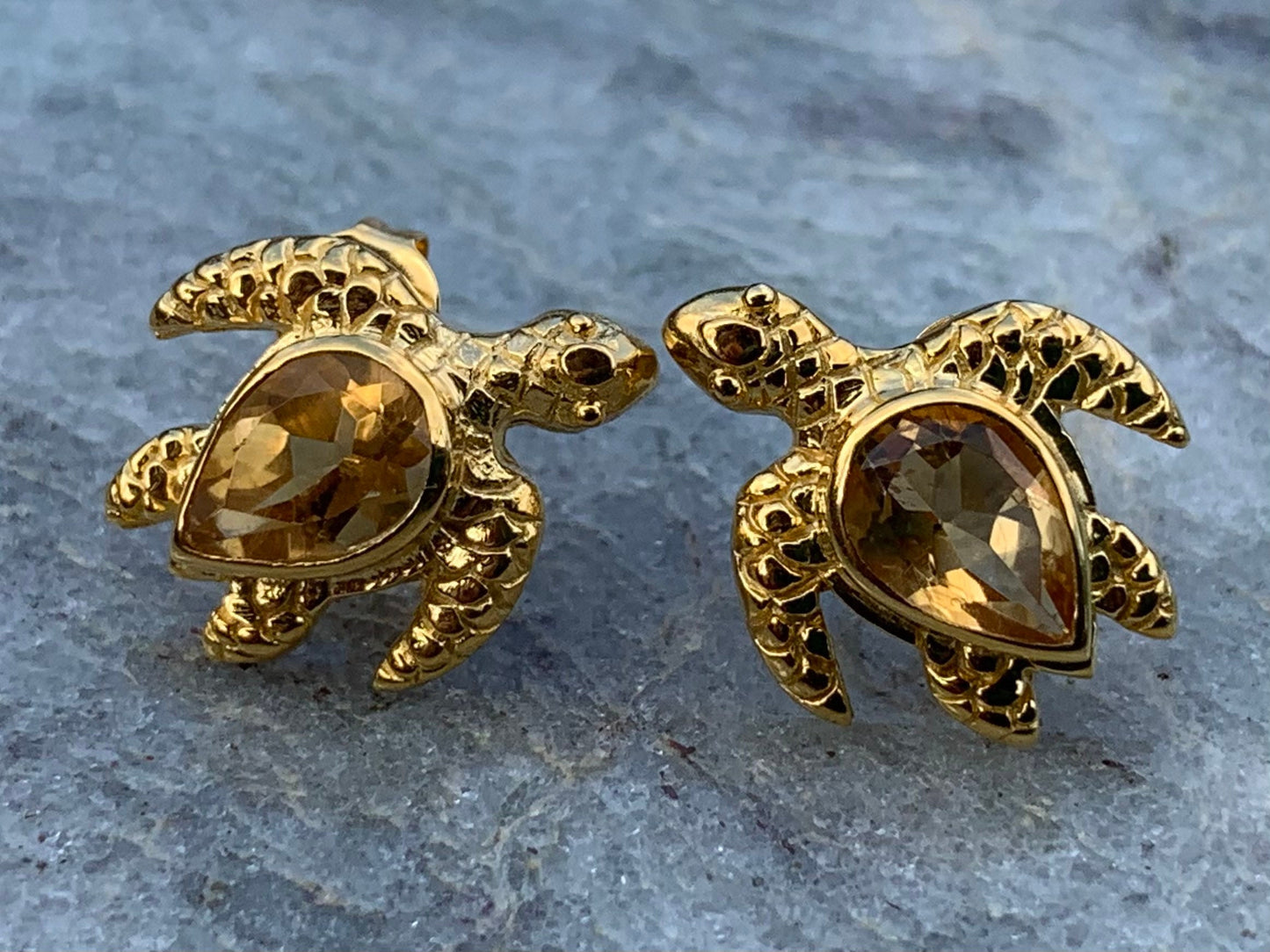 Turtle charm citrine gold vermeil stud earrings