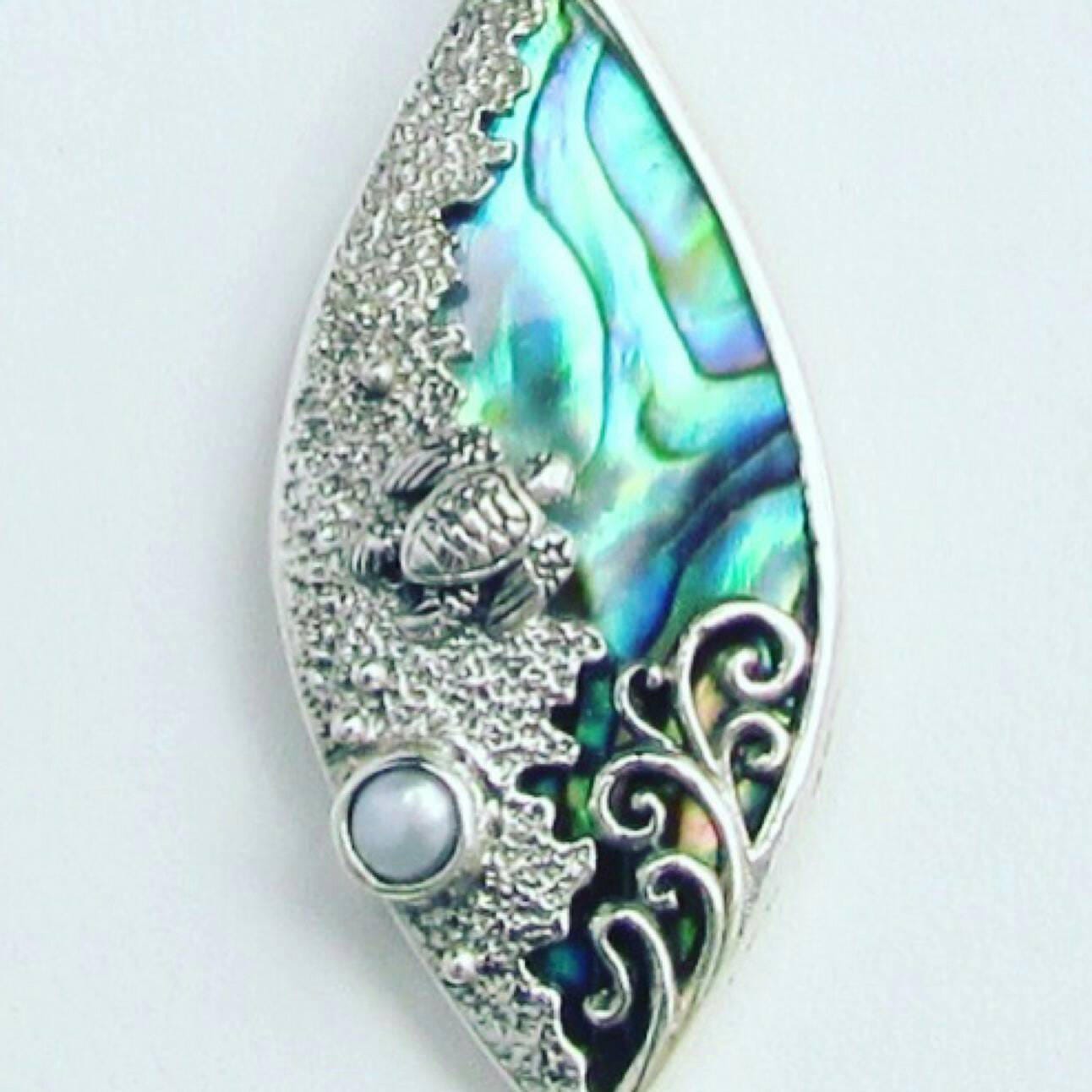 Sea Turtle Wave Necklace Pendant | Paua Abalone Shell | Pearl | Sterling Silver | Ocean | Beach | Gift | Jewelry | Handmade | Unique