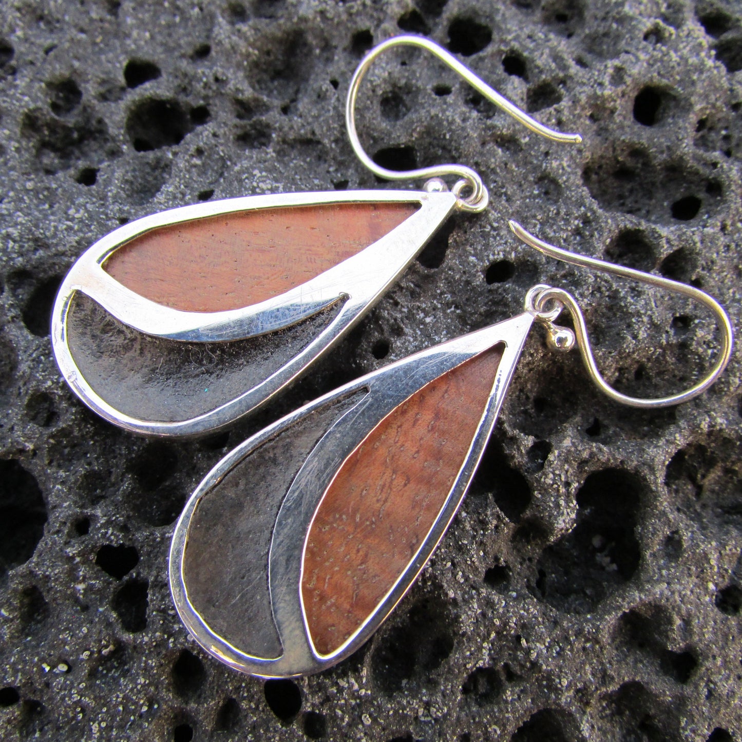 Teardrop Earrings | Ouster Shell | Hawaiian Koa Wood | Sterling Silver | Gift | Jewelry | Handmade | Unique