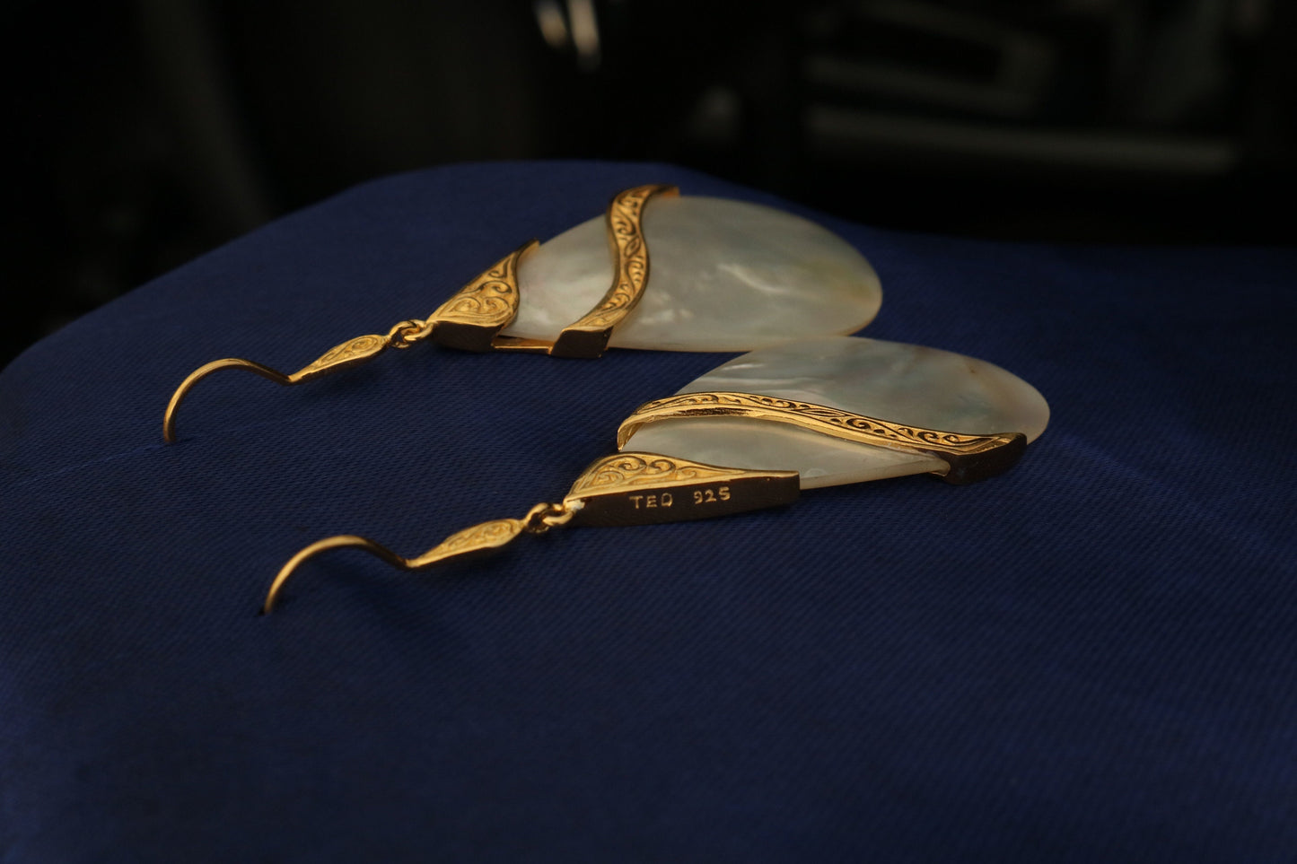 18K Gold Vermeil Mother of Pearl Teardrop Earrings Double Tribal Design. Sterling Silver.