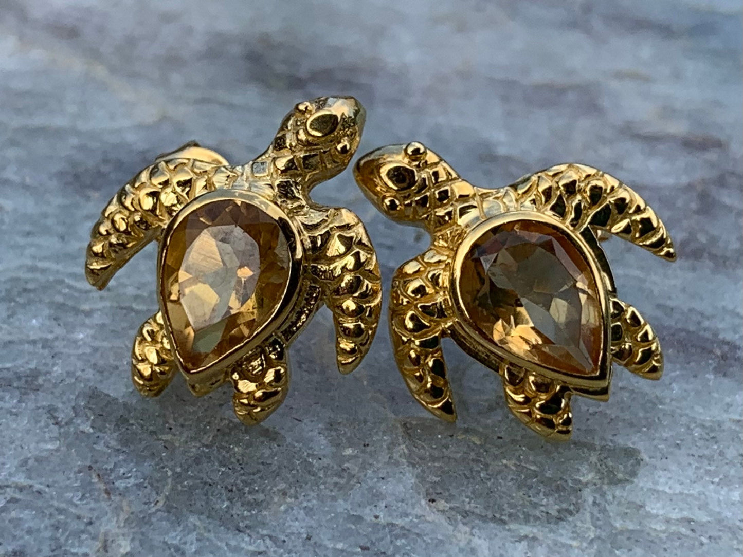 Turtle charm citrine gold vermeil stud earrings