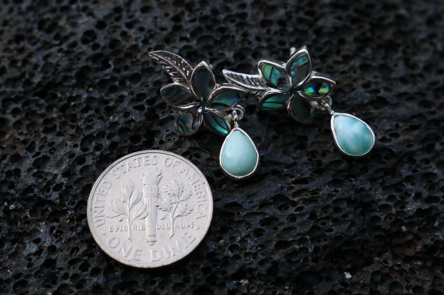 Plumeria Flower Larimar Abalone Shell Stud Earrings. Sterling Silver.