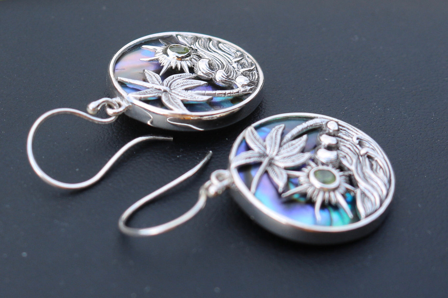 Hawaiian Sunset Wave Palm Tree Peridot Abalone Shell Earrings. Sterling Silver.