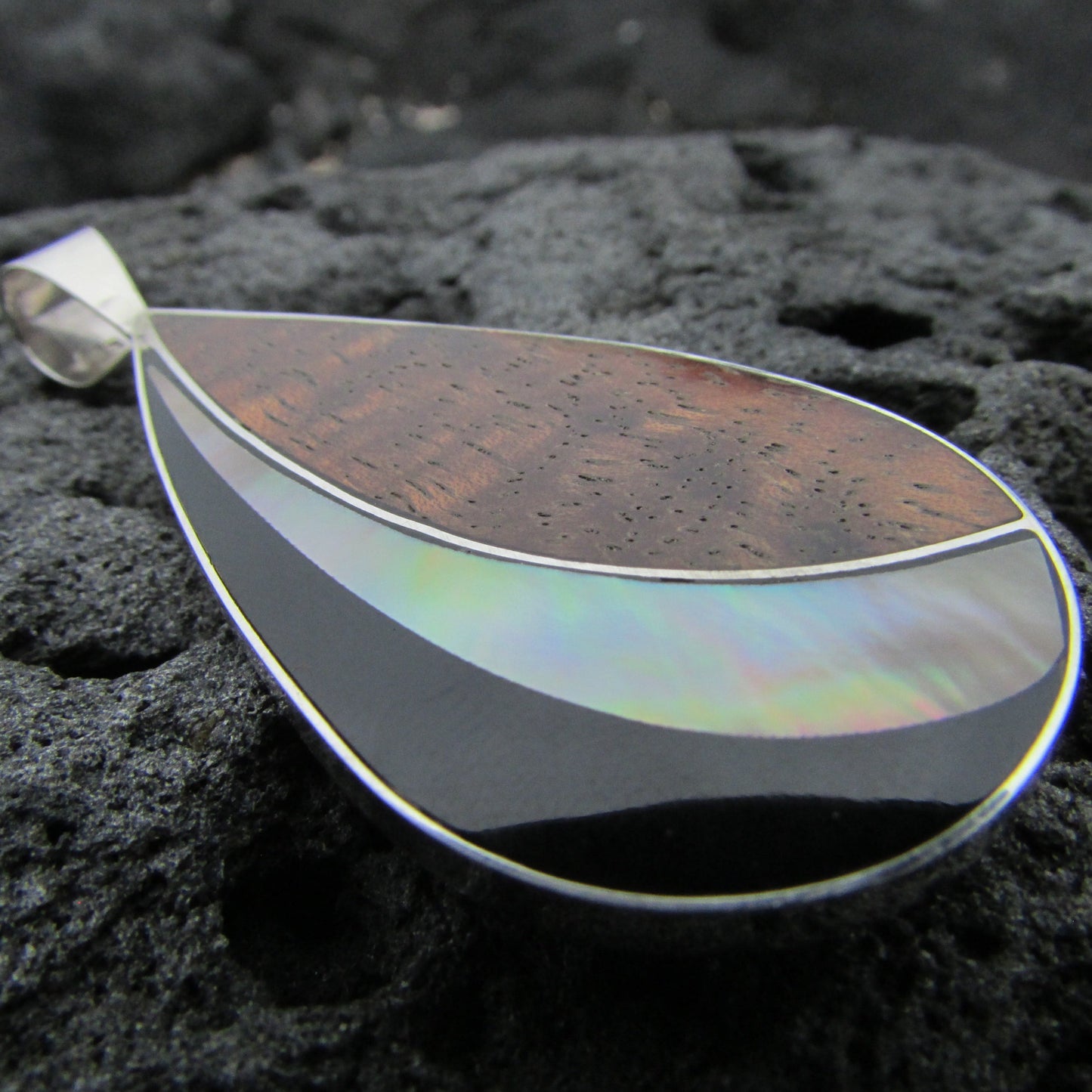 Teardrop Necklace Pendant | Black Ouster Shell | Sterling Silver | Koa Wood | Gift | Jewelry | Handmade | Unique