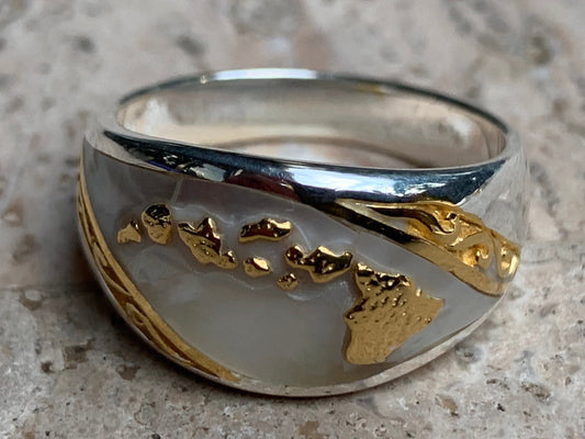 Hawaiian Islands Ring. Mother of pearl, Silver, Gold.