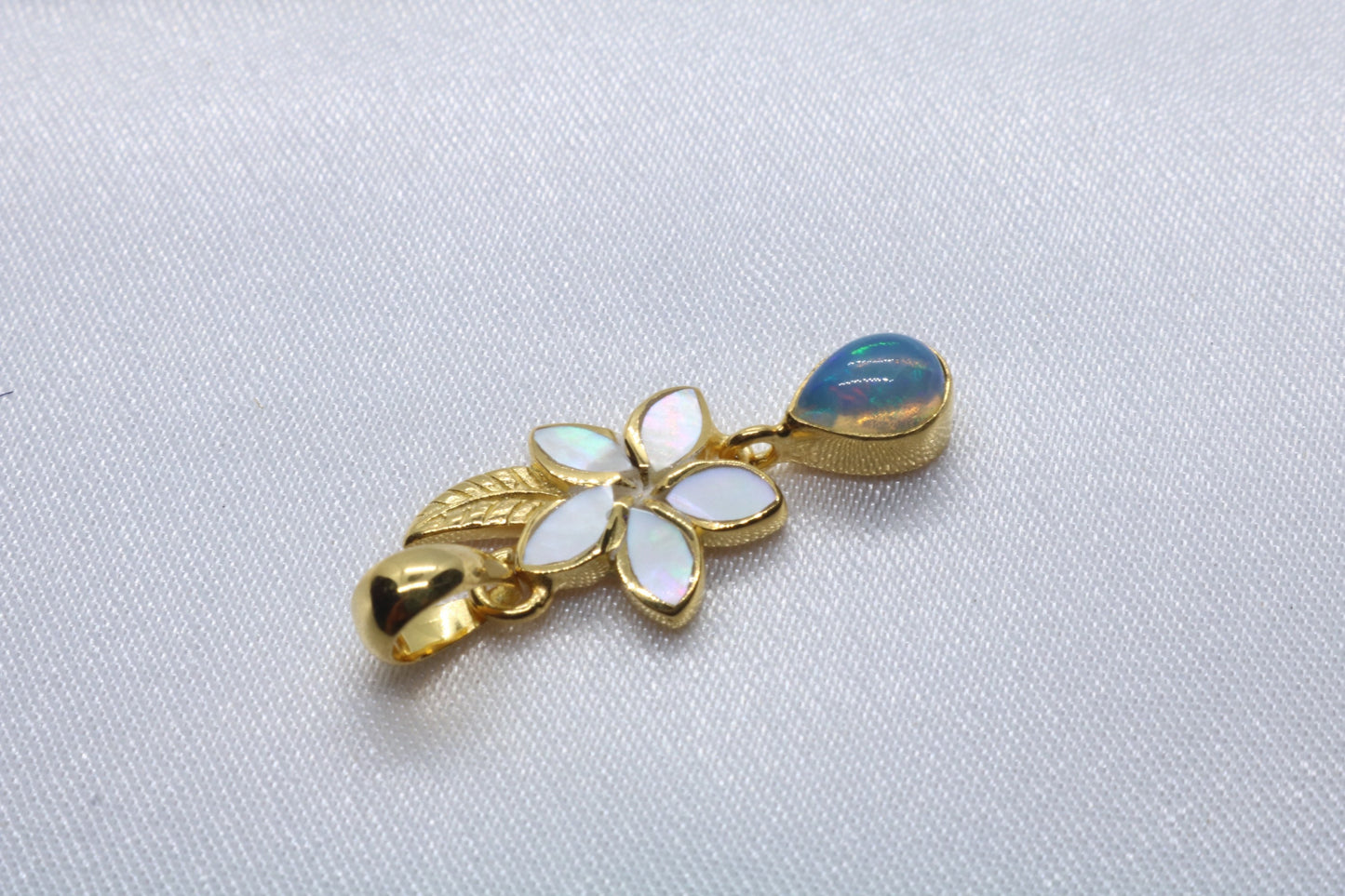 Opal Plumeria Flower 18k Gold Vermeil Mother of Pearl Charm Necklace Pendant