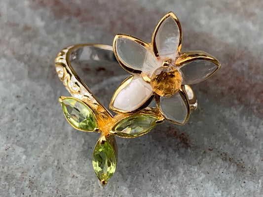 Plumeria Flower Ring. Gold, Silver, Citrine, Peridot, Mother of Pearl.