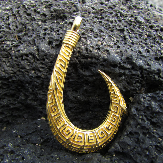 Polynesian Tribal Maui 18K Gold Vermeil Fishing Hook Necklace Pendant.