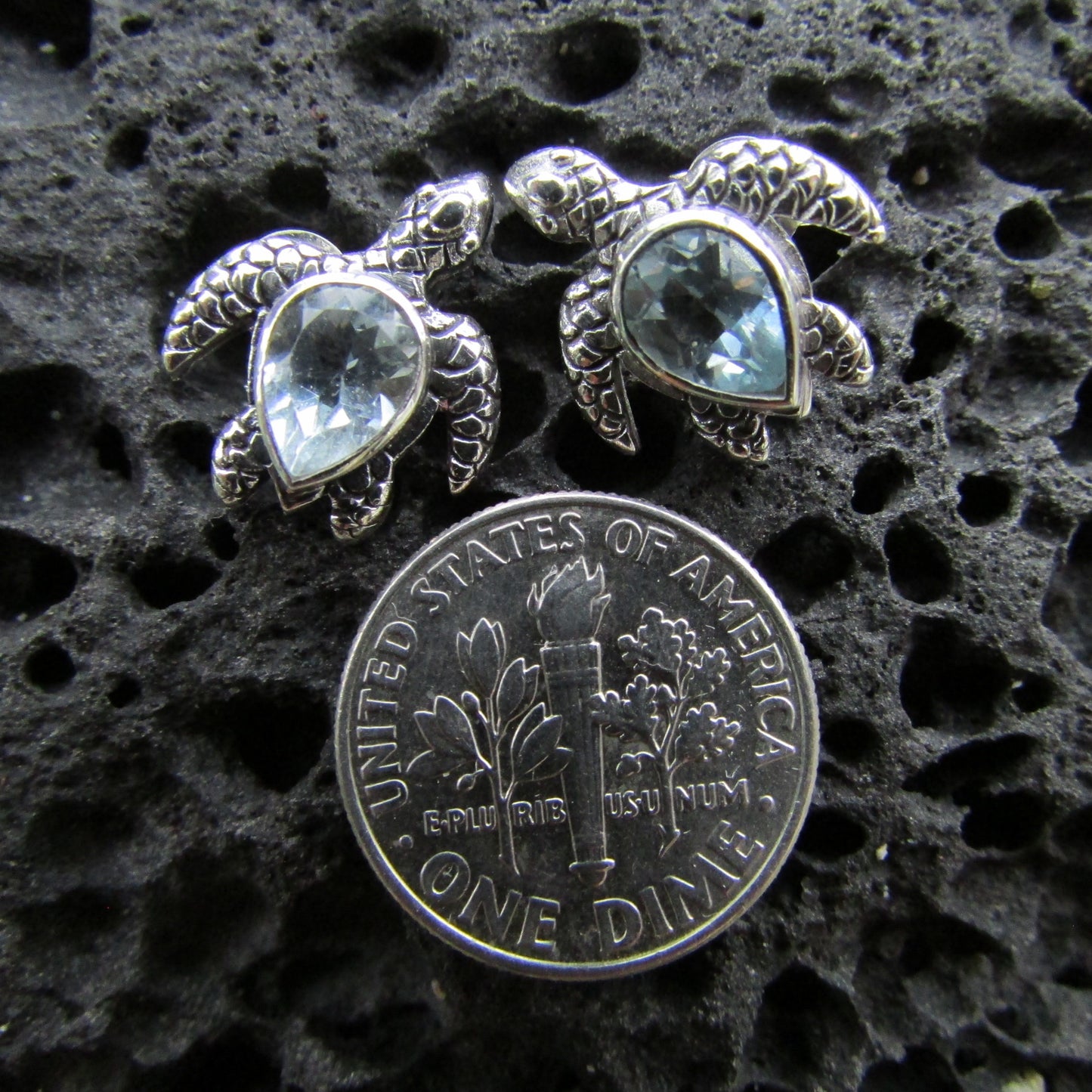 Sea Turtle Stud Earrings | Blue Topaz | Sterling Silver | Ocean | Beach | Gift | Jewelry | Handmade | Unique