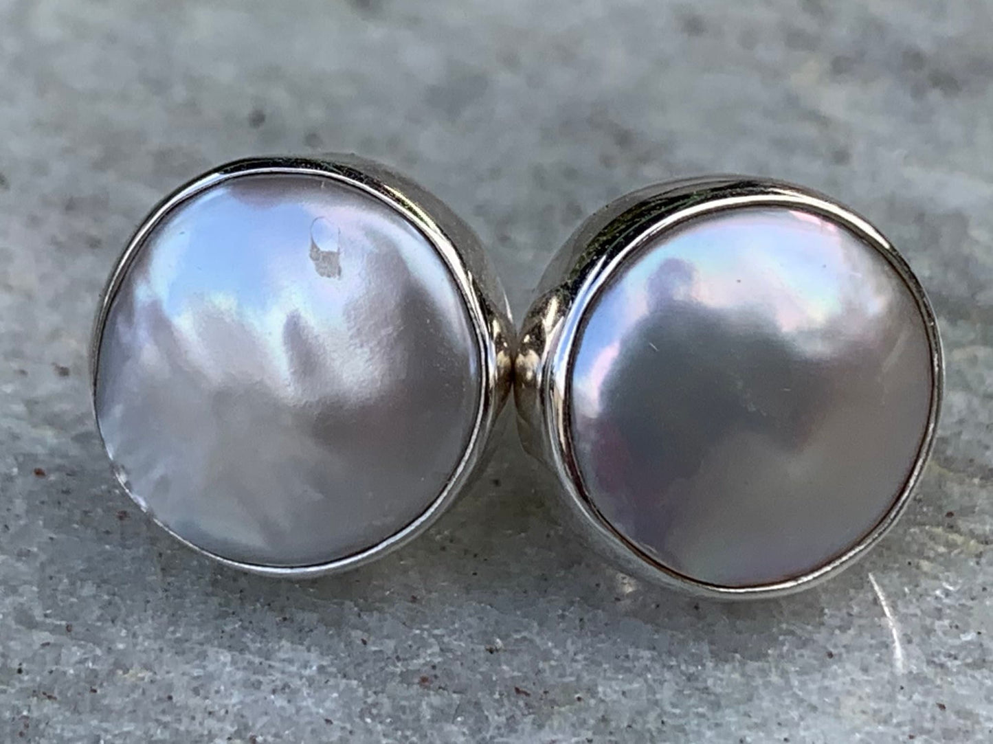 Coin Pearl Earrings Stud. Sterling Silver.