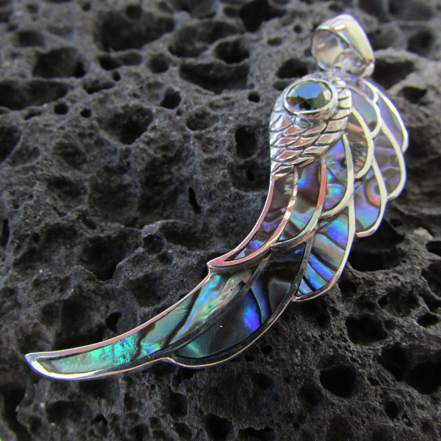 Angel Wing Necklace Pendant. Amethyst, Peridot or Blue Topaz. Abalone Paua Shell. Sterling Silver.