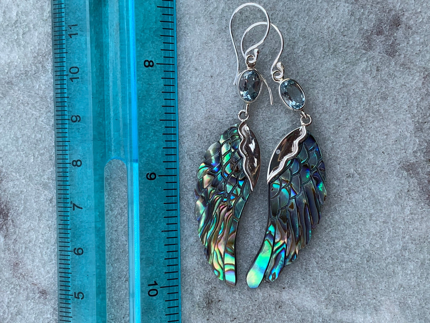 Angel Wings Earrings | Paua Abalone Shell | Sterling Silver | Blue Topaz | Gift | Jewelry | Handmade | Unique