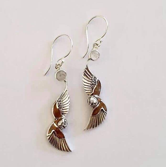 Owl Hawaiian Pueo Aumakua Earrings. Moonstone, Hawaiian Koa Wood, Mother of Pearl, Sterling Silver