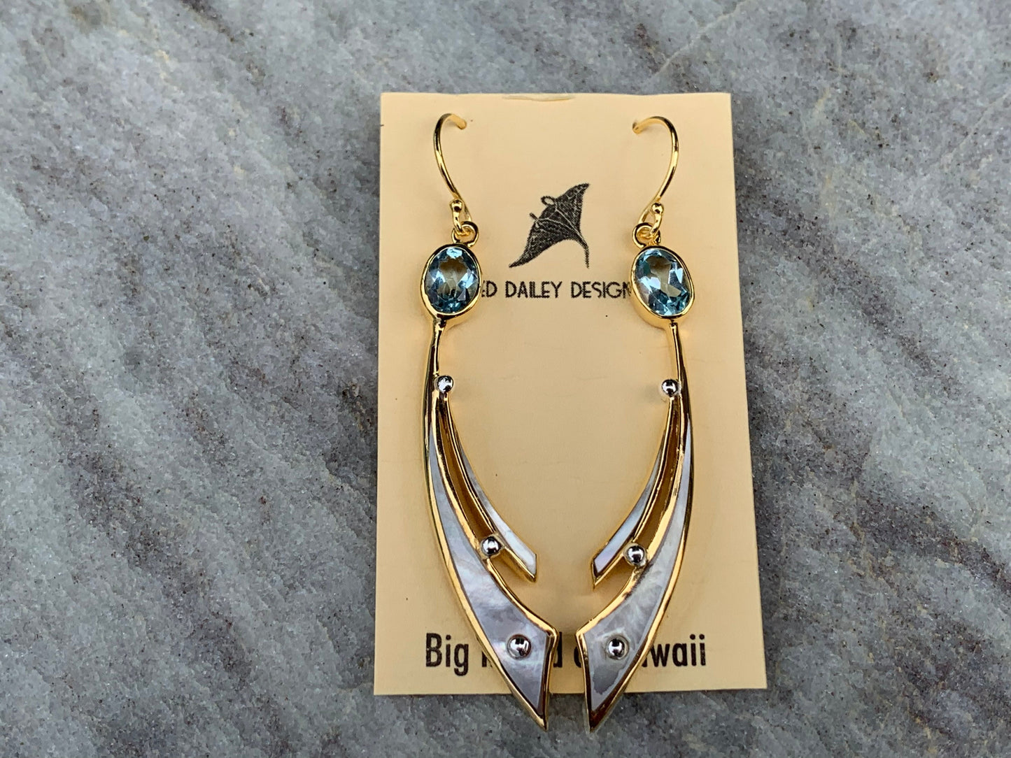 18k Gold Vermeil Wave Earrings. Blue Topaz, Mother of Pearl