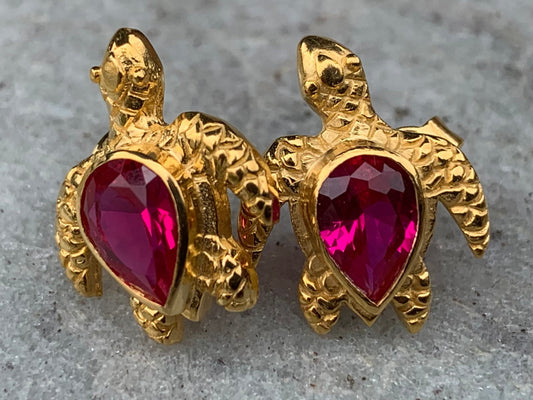 18k gold vermeil ruby turtle earrings studs.