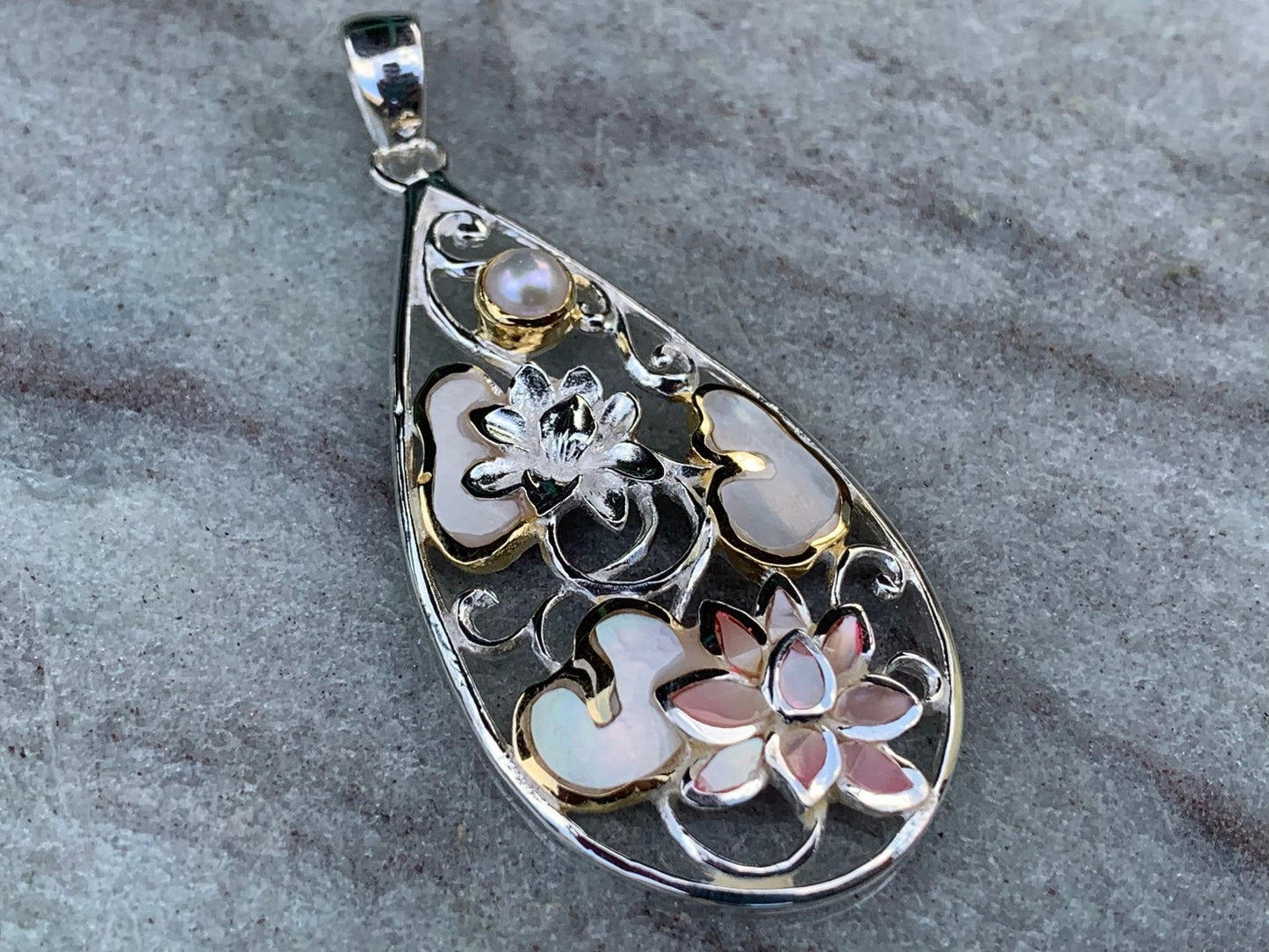 Pink Lotus Flower Necklace Pendant. Sterling Silver, Pearl, Gold, Mother of Pearl.