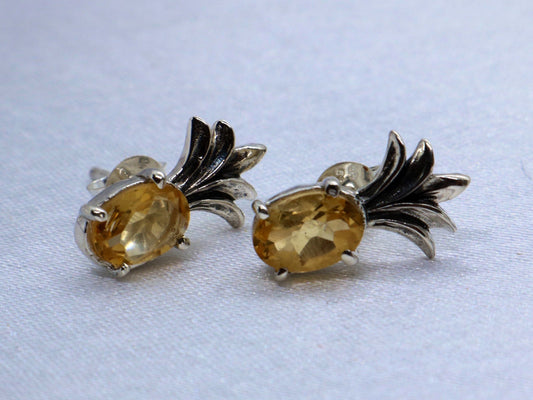 Pineapple citrine stud earrings. Sterling silver.