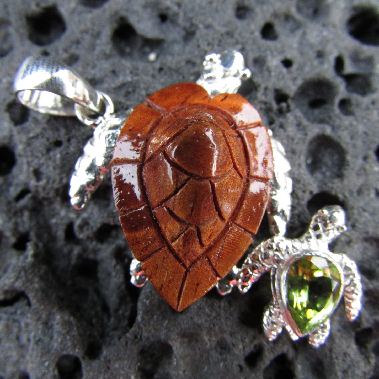 Sea Turtle Necklace Pendant | Koa Wood | Peridot | Sterling Silver | Ocean | Beach | Gift | Jewelry | Handmade | Unique