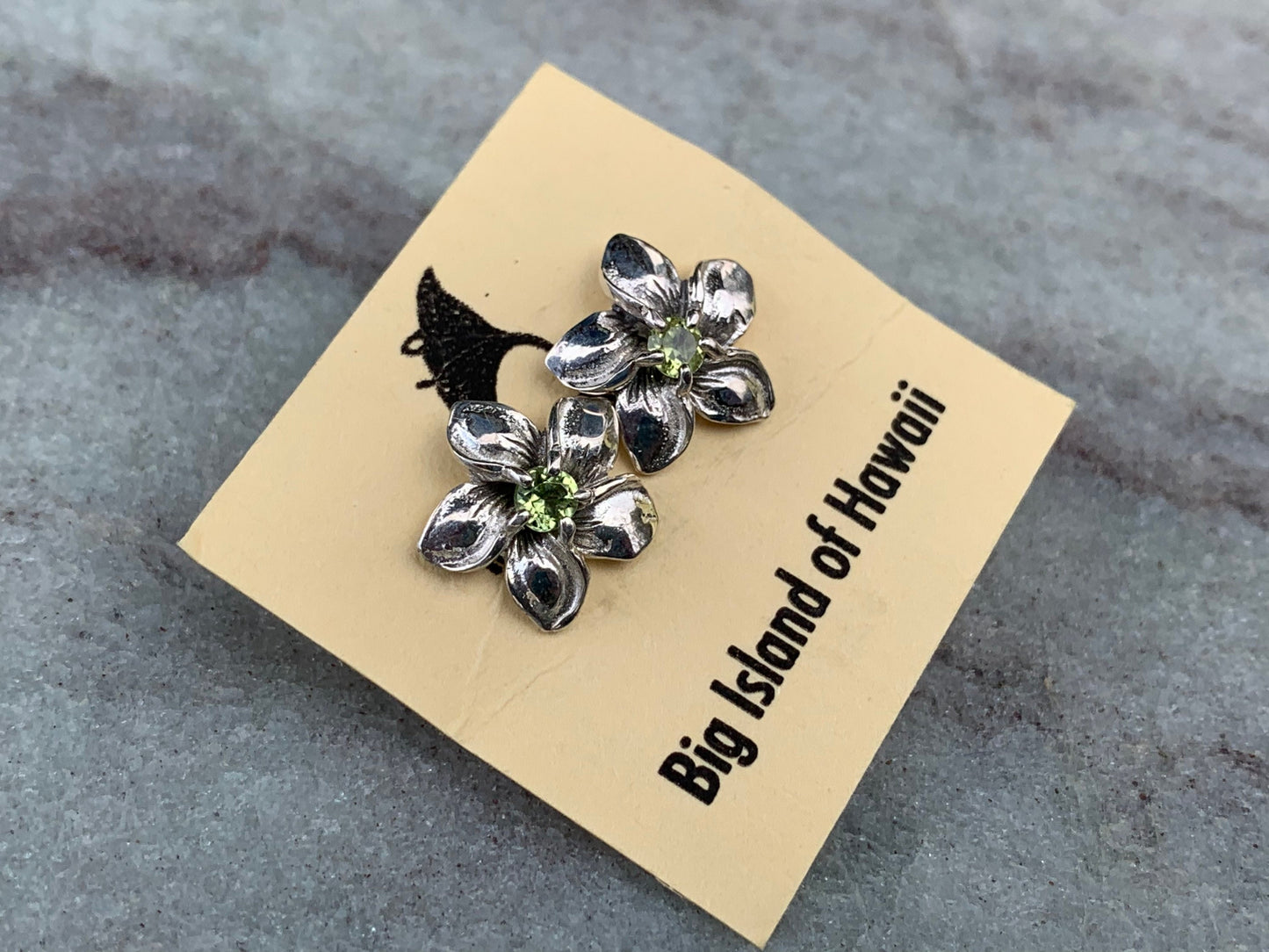 Plumeria Flower Earrings Studs. Sterling Silver. Peridot.
