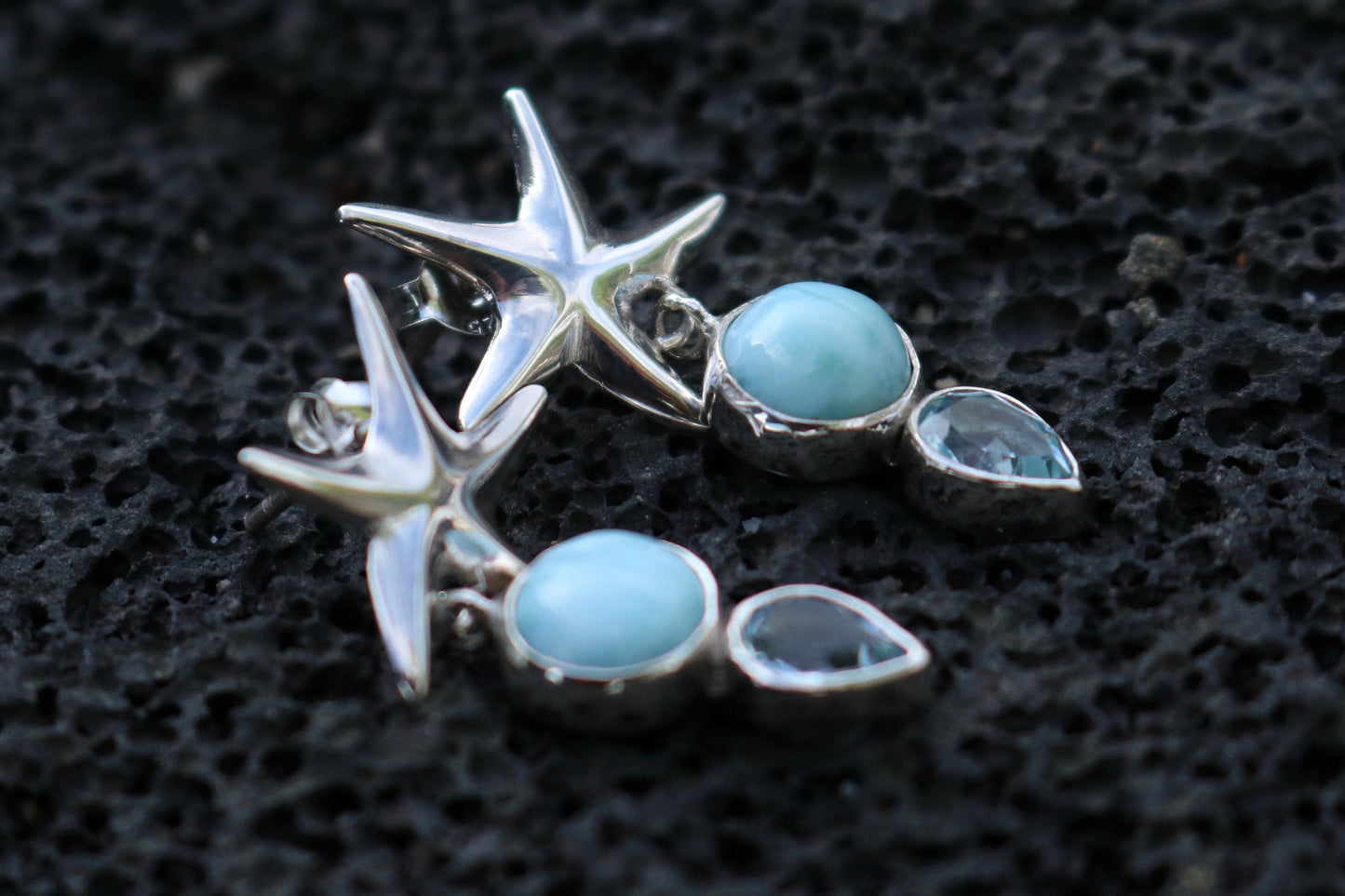 Starfish Larimar Blue Topaz Stud Earrings. Sterling Silver.