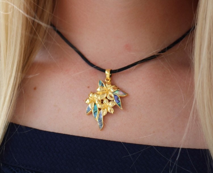 Plumeria Flowers Necklace Pendant. 18k Gold Vermeil. Abalone Paua Shell.