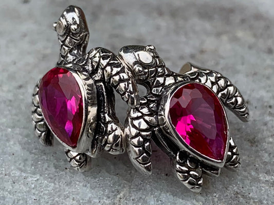 Ruby turtle earrings studs. Sterling silver.