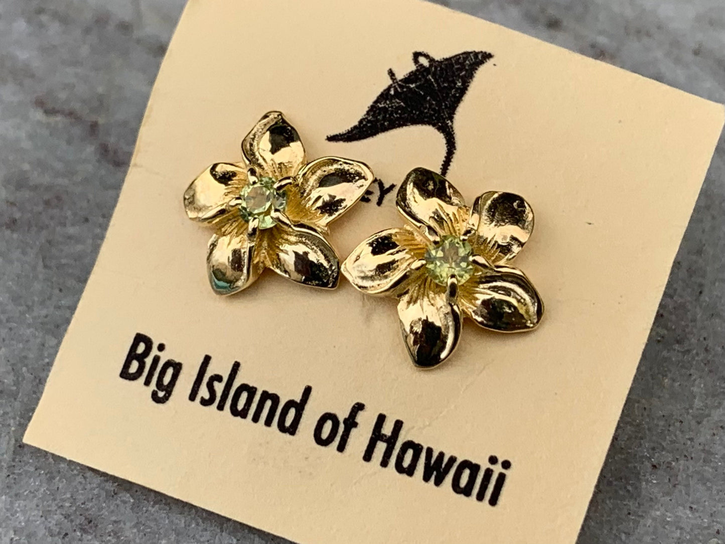 Plumeria Flower Gold Vermeil Earrings Studs. Peridot.