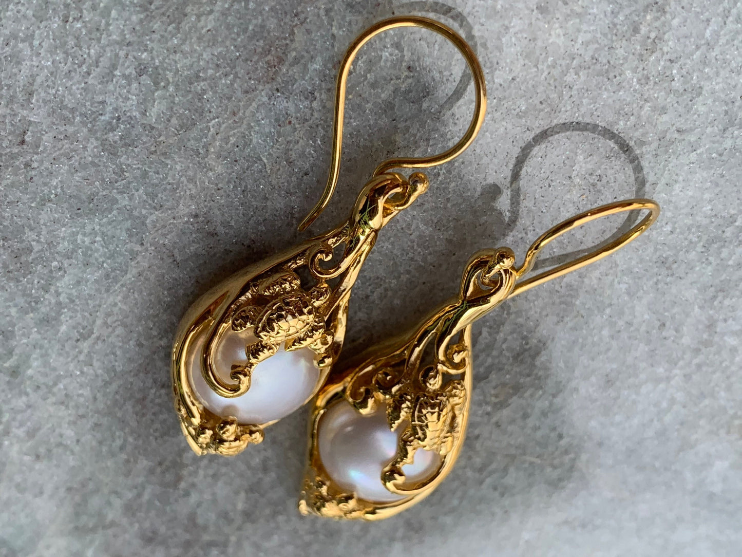 18k gold vermeil white mabe pearl turtle earrings. Hawaiian Honu.