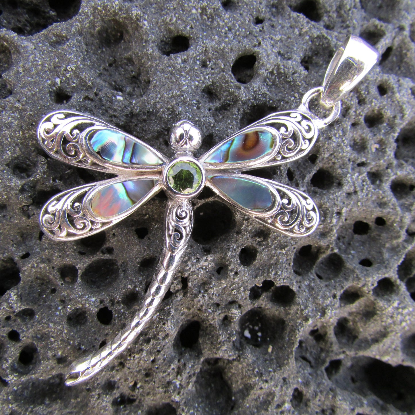 Dragonfly Necklace Pendant | Sterling Silver | Abalone Shell | Peridot | Amethyst | Blue Topaz | Gift | Jewelry | Handmade | Unique