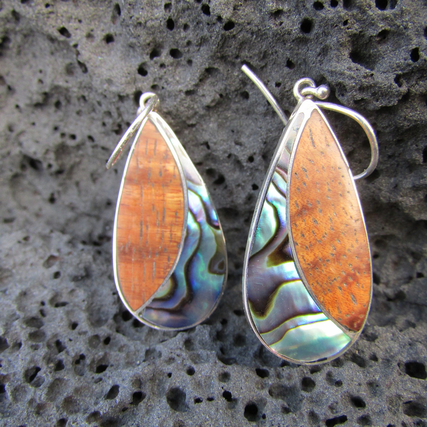 Teardrop Earrings | Paua Abalone Shell | Koa Wood | Sterling Silver | Gift | Jewelry | Handmade | Unique