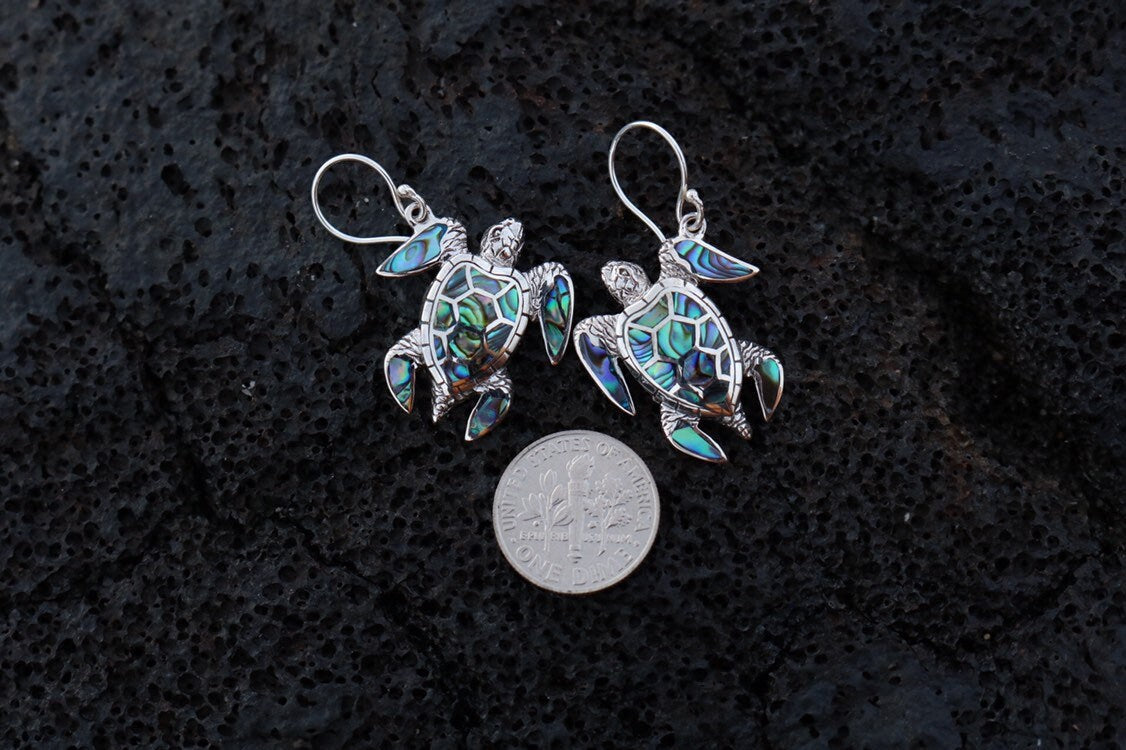 Green Sea Turtle Earrings. Hawaiian Honu Aumakua. Abalone Paua Shell, Sterling Silver .