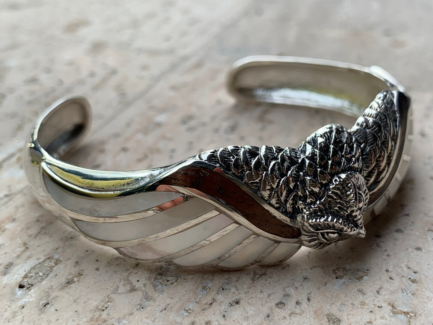 Owl cuff bracelet. Hawaiian Koa Wood. Mother of Pearl. Sterling Silver.