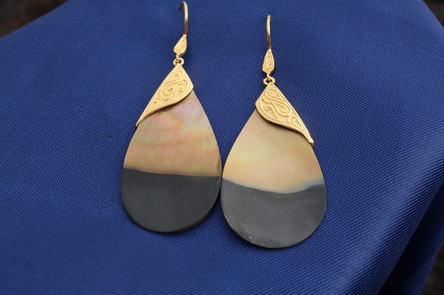 18k Gold Teardrop Black Oyster Shell Earrings Tribal Design. Sterling Silver.