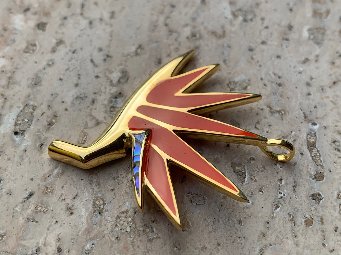 Bird of Paradise 18k Gold Vermeil Flower Necklace Pendant. Red Coral, Sterling Silver, Abalone Shell.