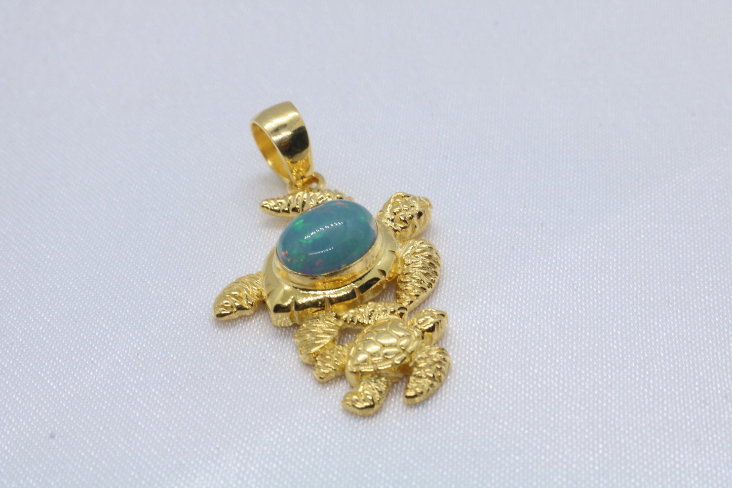 Opal Turtle Hawaiian Honu Mom and Baby 18k Gold Vermeil Necklace Pendant