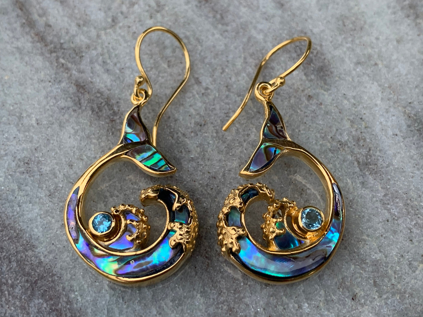 Whale Tail and Wave Swiss Blue Topaz 18k Gold Vermeil Earrings