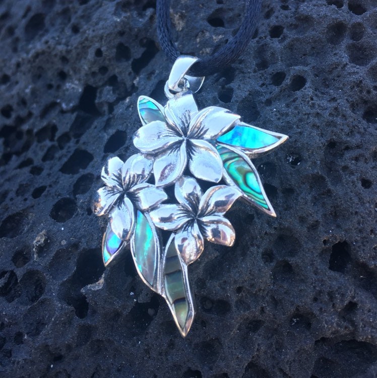 Plumeria Flowers Necklace Pendant. Abalone Paua Shell. Sterling Silver.