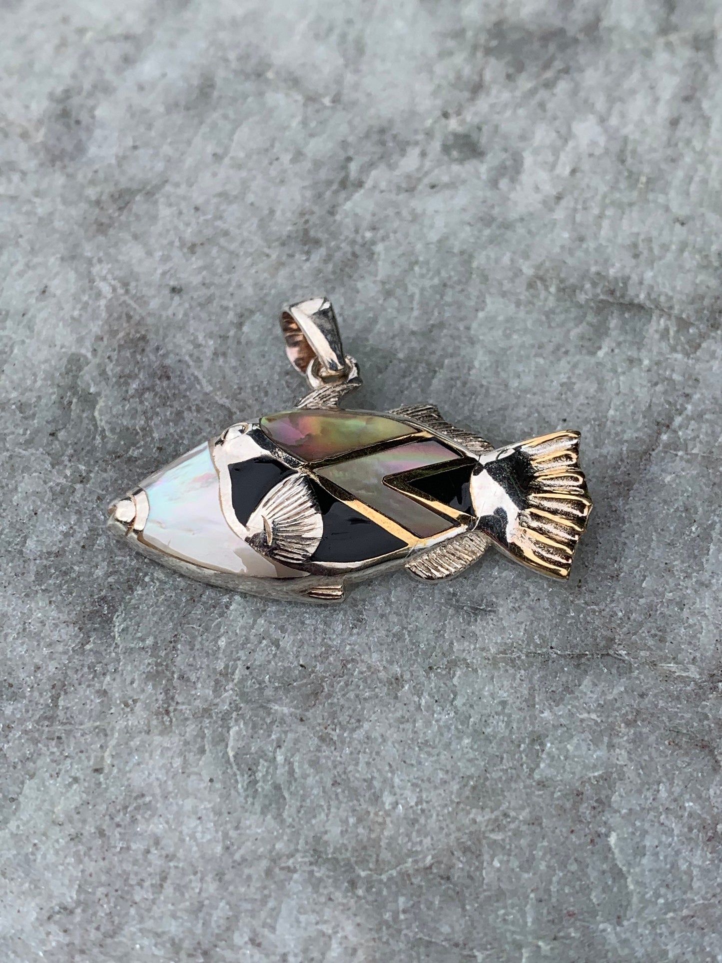 Humuhumunukunukuapua’a (Trigger Fish) Hawaiian State Fish Necklace Pendant. Silver, Mother of Pearl, Black Lip Oyster Shell.