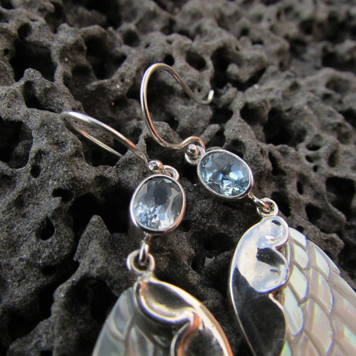 Angel Wings Earrings. Mother of Pearl. Blue Topaz. Sterling Silver.