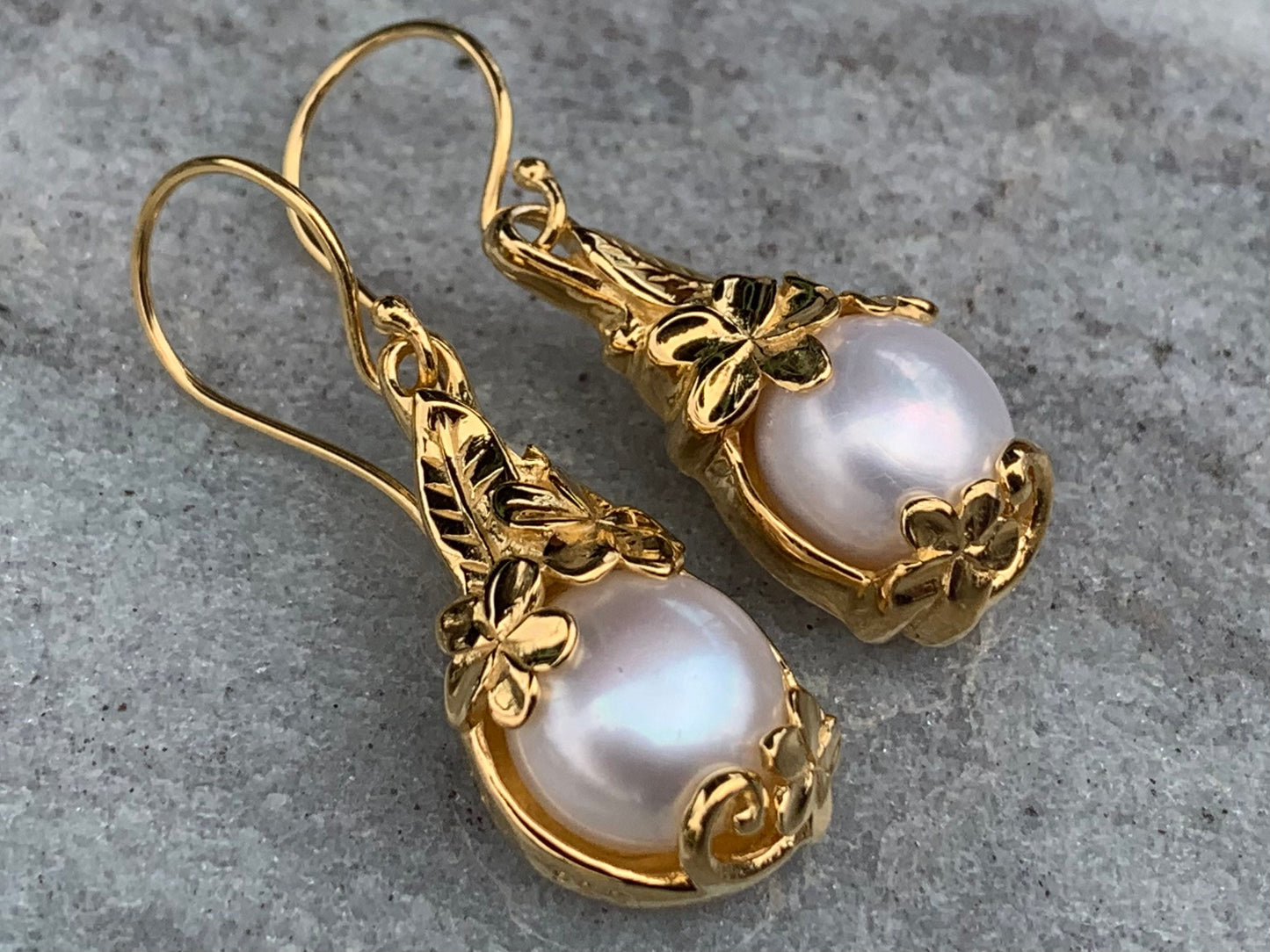 18k gold vermeil white mabe pearl plumeria flower earrings.