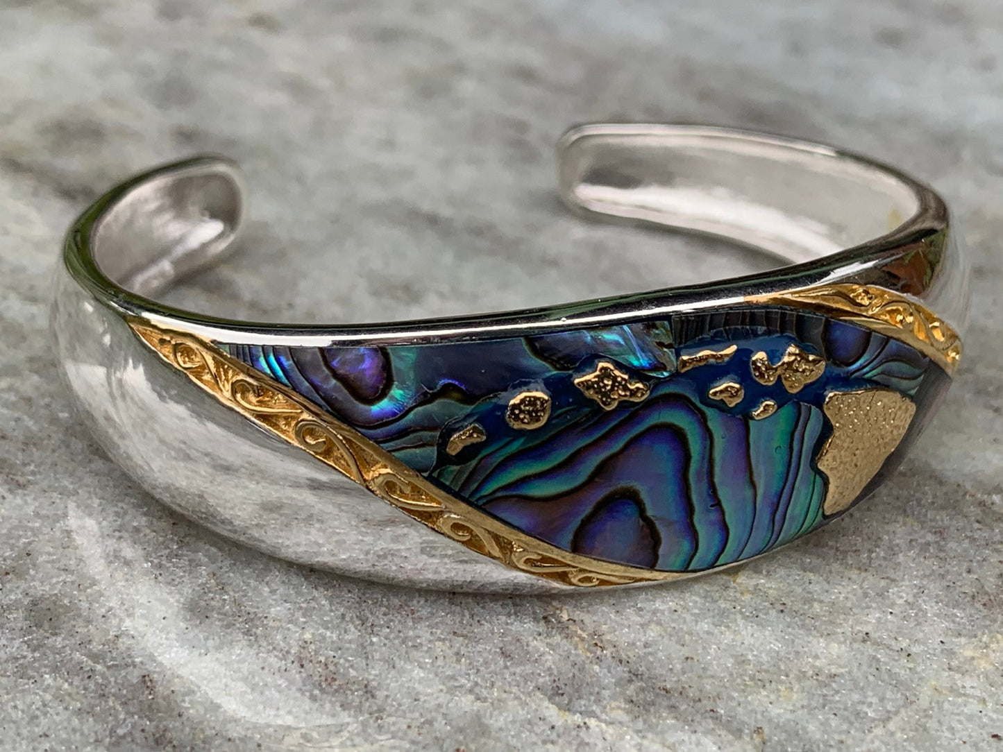 Hawaiian Islands Chain Bracelet Cuff. Kauai, Oahu, Maui, Big Island of Hawaii. Silver, 18k Gold, Abalone Paua Shell.