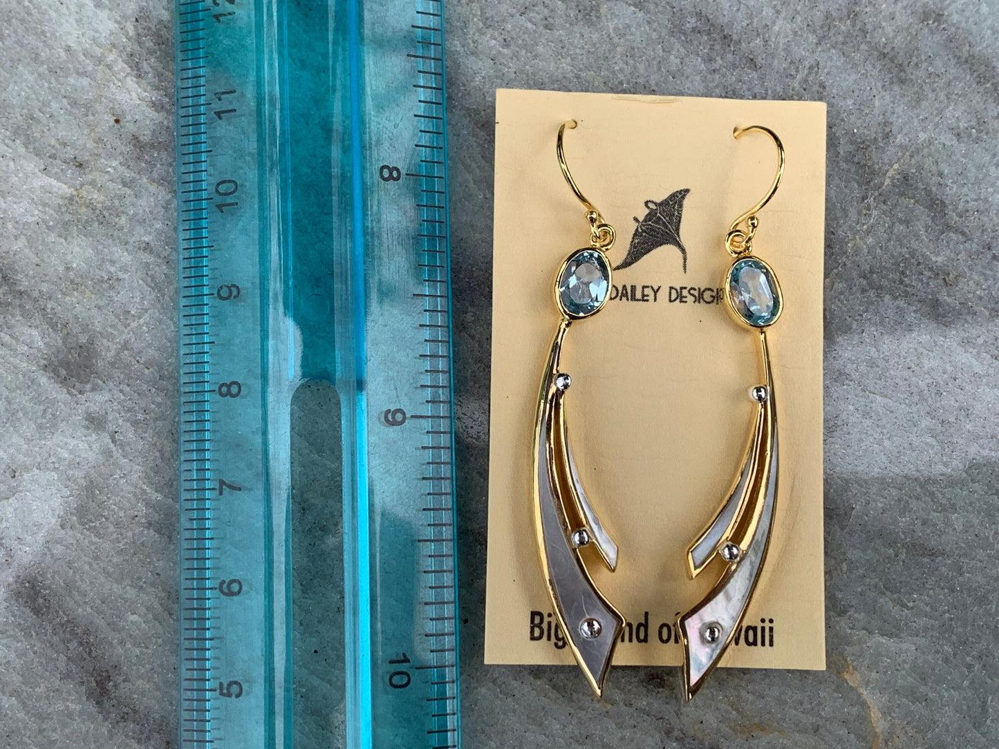 18k Gold Vermeil Wave Earrings. Blue Topaz, Mother of Pearl