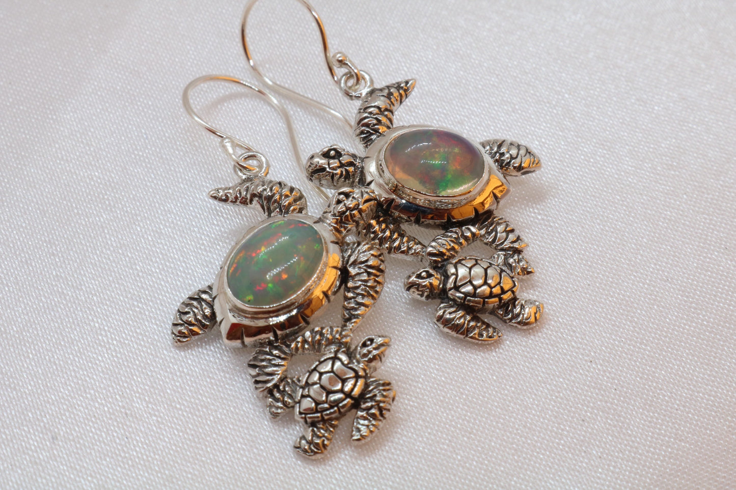 Opal Turtle Hawaiian Honu Mom and Baby Silver Earrings