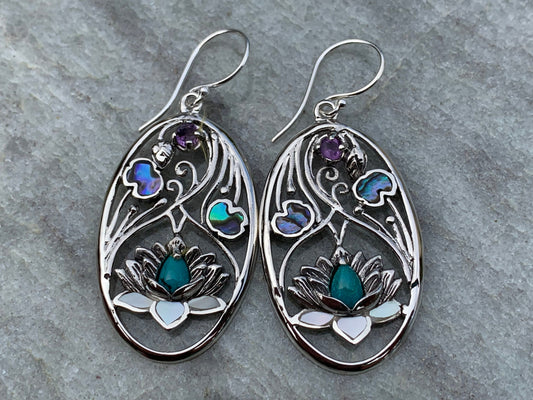 Turquoise Amethyst Lotus Earrings. Sterling Silver. Abalone Shell, Mother of Pearl.