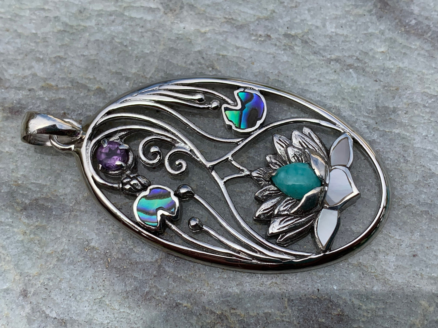 Turquoise Amethyst Lotus Necklace Pendant. Sterling Silver. Abalone Shell, Mother of Pearl.