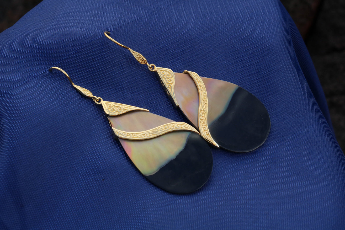 18k Gold Teardrop Black Oyster Shell Earrings Double Tribal Design. Sterling Silver.
